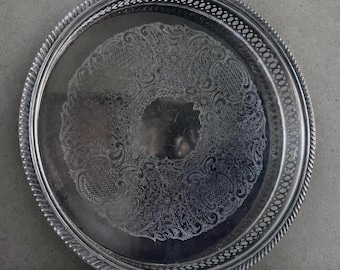 Vintage silver serving tray.Vintage silver-plated engraved serving tray with neoclassical design.Metal tray. Kitchen decor.Boho decor