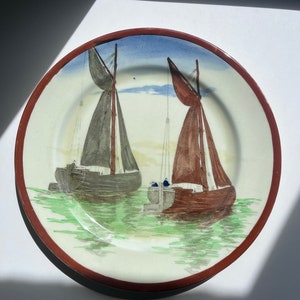 Vintage Hand Painted Plate with Sailing Boats – Nautical Wall Decor – Coastal Kitchenware – Rustic Maritime Scene –Coastal decor