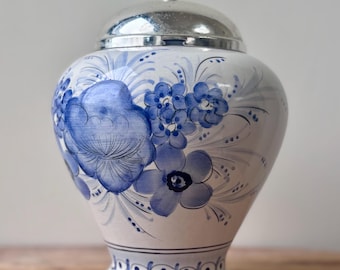 Vintage Portuguese Blue & White Lidded Jar Hand Painted Ceramic Storage