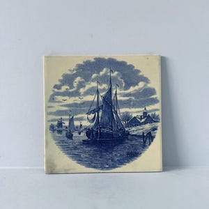 Vintage Delft Blue Tile: Dutch Sailing Boat River Scene