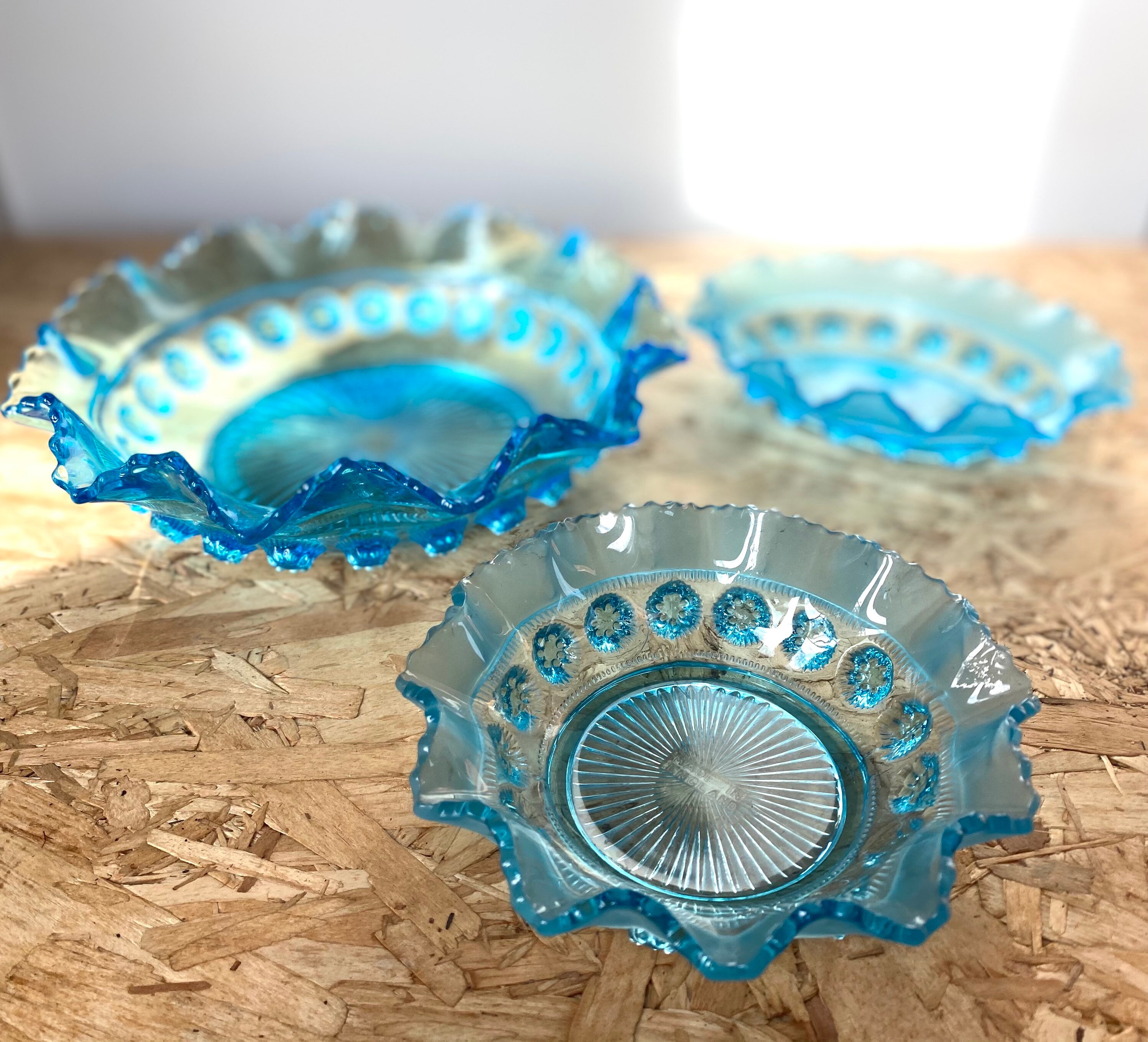 ヴィンテージアールデコガラスボウル3個セット：ターコイズブラック