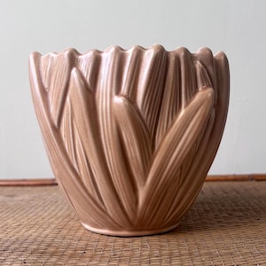 May include: A light brown ceramic planter with a scalloped rim and a textured exterior featuring vertical, overlapping leaf-like ridges that wrap around the entire body of the vessel, creating a dimensional and rhythmic pattern across the surface.