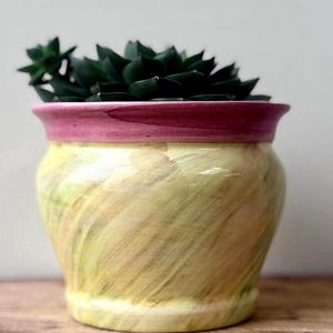 Vintage Hand Painted Ceramic Planter Pink Rim Small Pottery Cachepot
