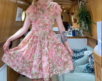 Gorgeous 1950s pink floral nylon fit and flare dress Gorgeous 1950s pink floral nylon fit and flare dress