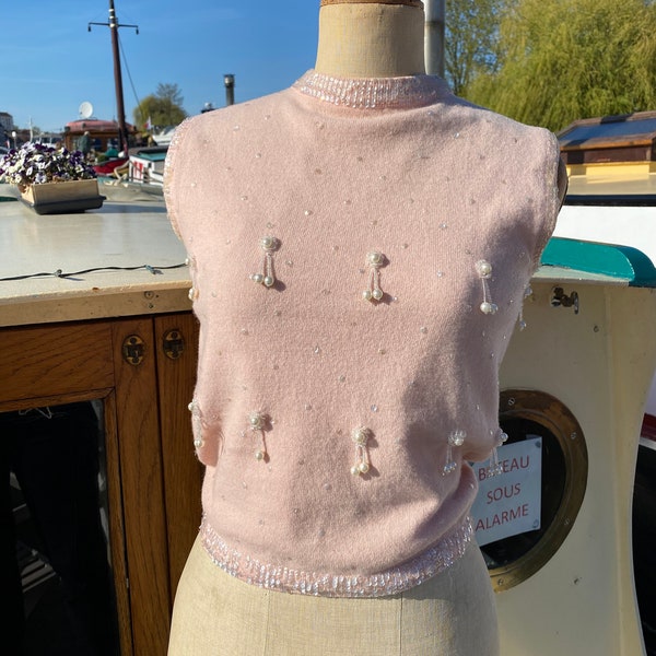 Super cute 1950s pale pink cashmere sweater vest with little dangly pearls