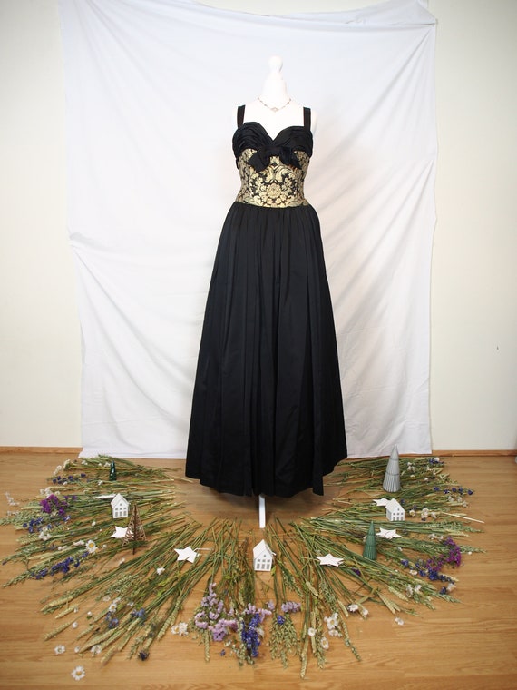 Unique 1950s black and gold brocade ball gown