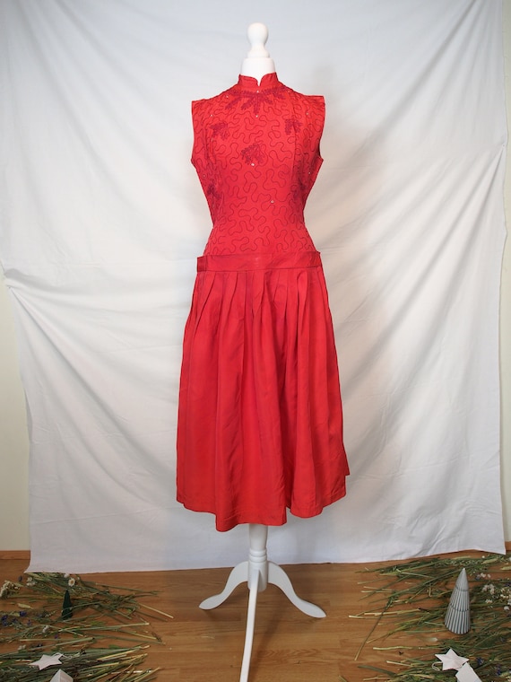 Fantastic 1950s bright coral drop waist dress - image 2