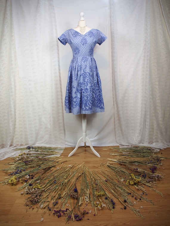 Gorgeous 1950s pale blue floral fit and flare dre… - image 1