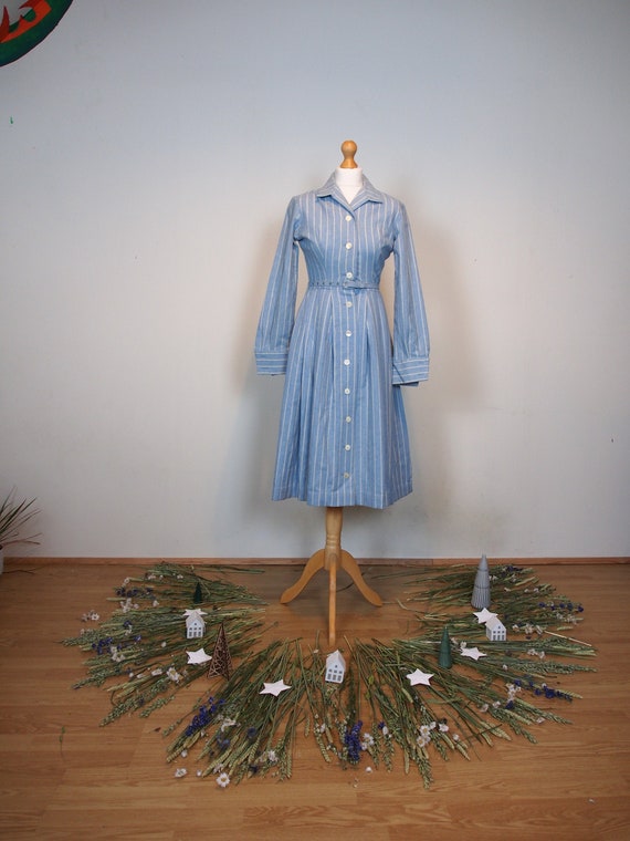 Wool 1950s small blue and white striped dress