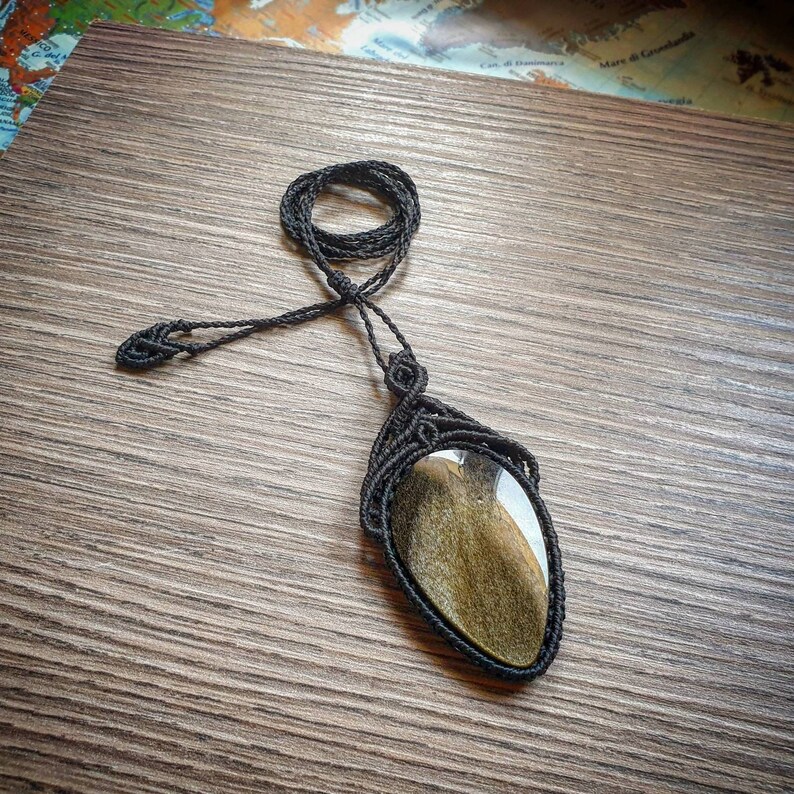 Black macrame necklace with Golden Obsidian obsidian black macrame necklace boho hippy ethnic pendant tribal handmade