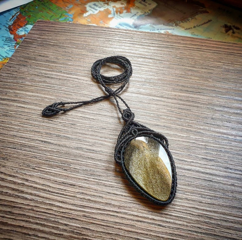 Black macrame necklace with Golden Obsidian obsidian black macrame necklace boho hippy ethnic pendant tribal handmade