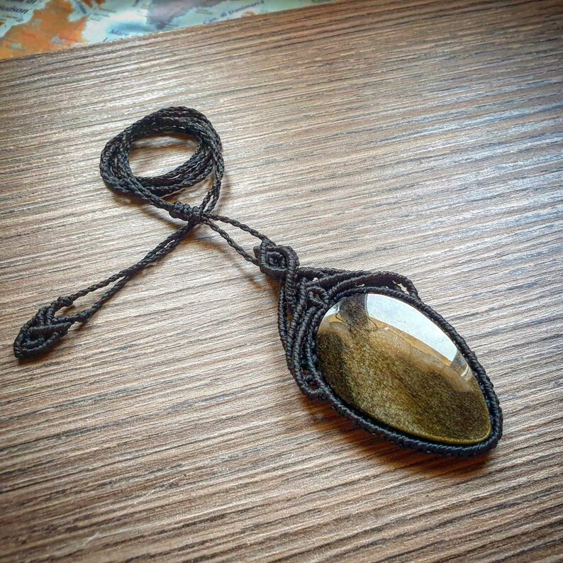 Black macrame necklace with Golden Obsidian obsidian black macrame necklace boho hippy ethnic pendant tribal handmade