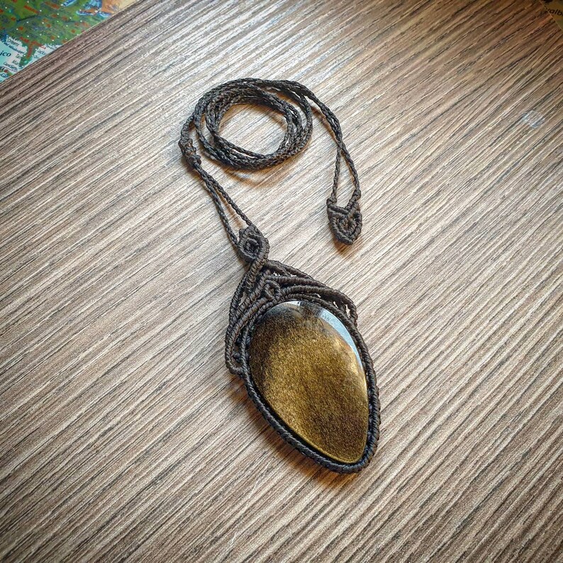 Black macrame necklace with Golden Obsidian obsidian black macrame necklace boho hippy ethnic pendant tribal handmade