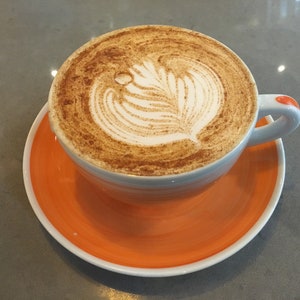 May include: A white ceramic mug with a latte art design and a sprinkle of cinnamon on top. The mug is sitting on an orange saucer.