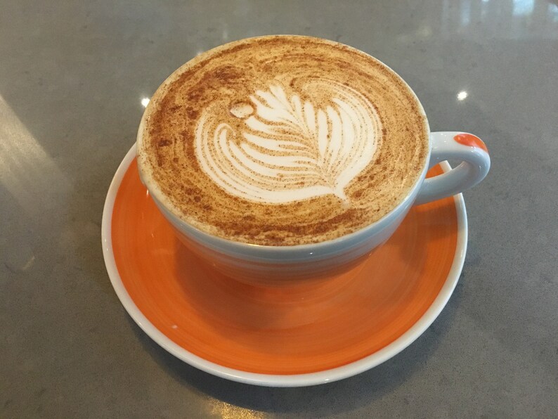 May include: A white ceramic mug with a latte art design and a sprinkle of cinnamon on top. The mug is sitting on an orange saucer.