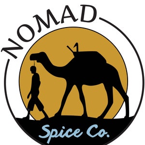 May include: A black and white logo with a camel silhouette walking across a yellow circle. The text "Nomad Spice Co." is written in a blue cursive font below the camel.