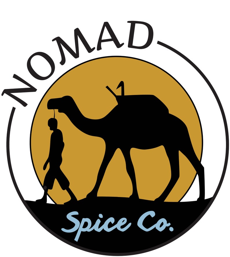May include: A black and white logo with a camel silhouette walking across a yellow circle. The text "Nomad Spice Co." is written in a blue cursive font below the camel.