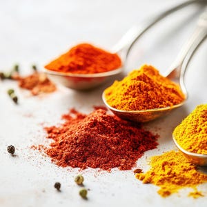 Puede incluir: Primer plano de varias especias, incluyendo piment&oacute;n y c&uacute;rcuma, presentadas en cucharas de plata y esparcidas sobre una superficie blanca. Las especias son de colores vibrantes, con tonos de rojo, naranja y amarillo. Tambi&eacute;n se ven granos de pimienta verde.