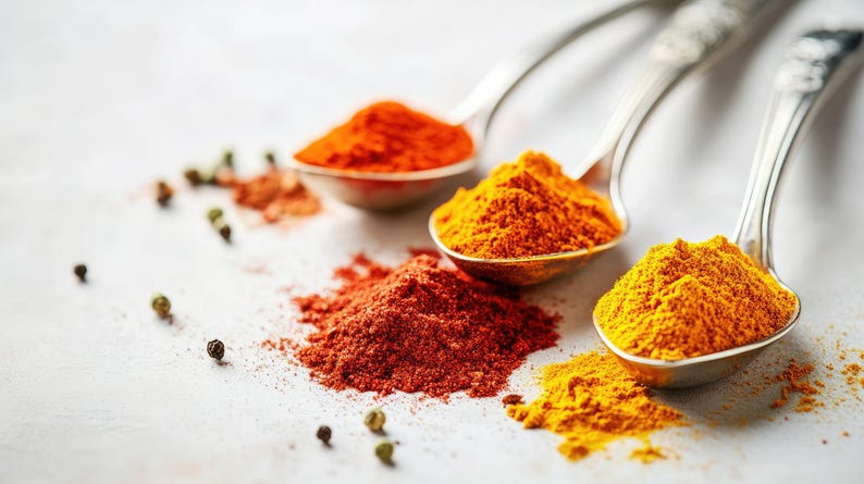 Puede incluir: Primer plano de varias especias, incluyendo piment&oacute;n y c&uacute;rcuma, presentadas en cucharas de plata y esparcidas sobre una superficie blanca. Las especias son de colores vibrantes, con tonos de rojo, naranja y amarillo. Tambi&eacute;n se ven granos de pimienta verde.
