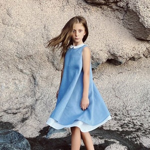 Dusty blue flower girl dress, Linen flower girl dress, Boho toddler dress