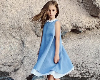 Dusty blue flower girl dress, Linen flower girl dress, Boho toddler dress