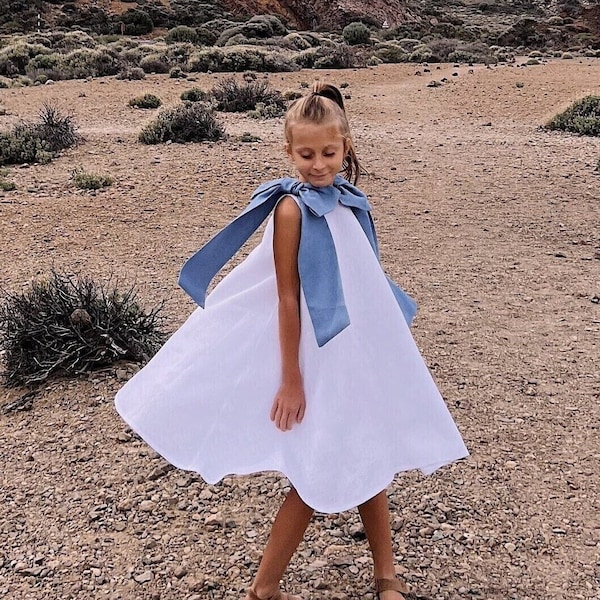 Ivory flower girl dress, Dusty blue Flower Girl Dress, Boho toddler dress, Flower girl dress with bow, Linen birthday dress