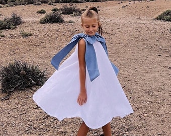 Ivory flower girl dress, Dusty blue Flower Girl Dress, Boho toddler dress, Flower girl dress with bow, Linen birthday dress