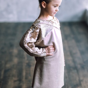 Gold Sequin Flower Girl Dress: Long Sleeve Beige Special Occasion
