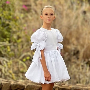 Linen Flower Girl Dress: Puffy Sleeves, Boho Birthday Dress