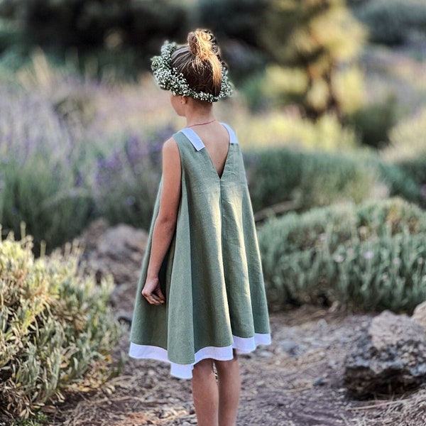 Sage green linen boho flower girl dress for toddler