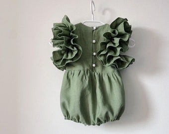 Sage green boho cake smash outfit girl, Flower girl romper, Boho 1st birthday romper