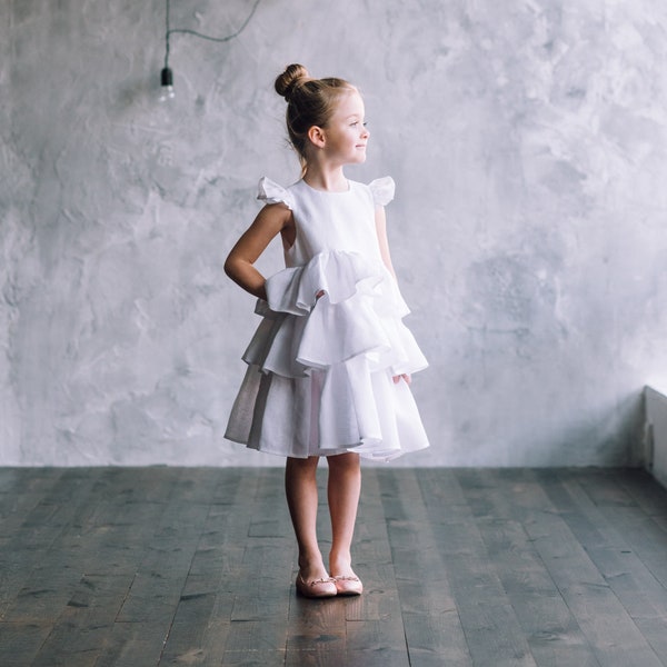 White linen baptism dress for girl