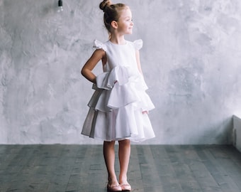 White linen baptism dress for girl