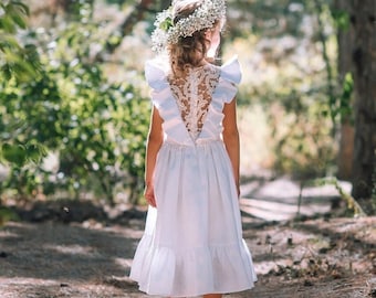 Witte linnen boho bloemenmeisjesjurk: rustieke peuterjurk