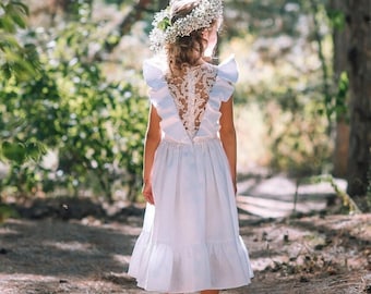 Leinen Boho Blumenmädchen Kleid, Kleinkind Leinenkleid