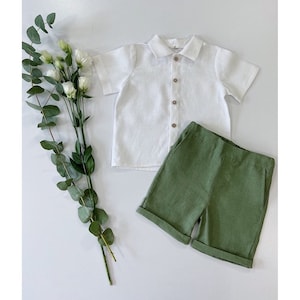 Boys linen shorts, Linen shirt boys, Page boy sage green, Page boy shorts, Toddler boy linen shirt