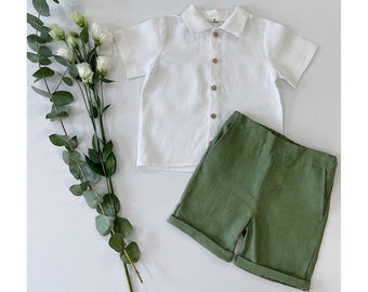 Boys Linen Outfit: Sage Green Shorts & Shirt Set