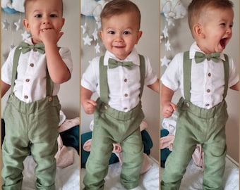 Boys linen pants with suspenders, Linen shirt boys, Page boy sage green suit set, Page boy pants, Toddler boy linen shirt