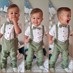 Boys linen pants with suspenders, Linen shirt boys, Page boy sage green suit set, Page boy pants, Toddler boy linen shirt image 1