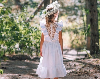 Robe de fille de fleur boho en lin, robe en lin pour tout-petits