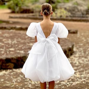 communion dresses knee length Duntery Satin Top Tulle Flower Girl Dress Knee-Length, White