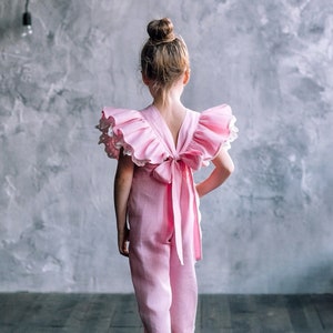 Linen Flower Girl Jumpsuit: Ruffle Strap Toddler Overalls