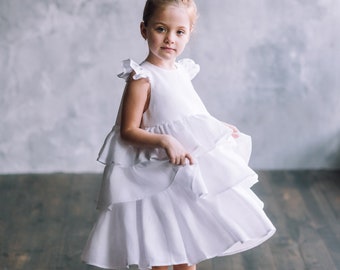 Linen flower girl dress Boho toddler White girls linen dress Baptism dress for Baby girl dress special occasion Junior bridesmaid dress