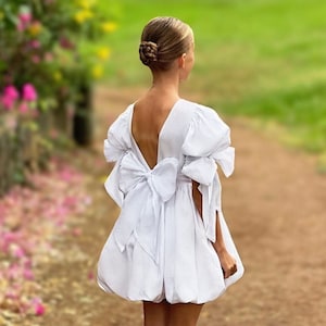 Linen flower girl dress with sash bow, Boho flower girl dress with puffy sleeves, First birthday dress