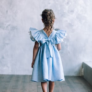 Sky Blue Linen Flower Girl Dress: Boho Flutter Sleeve Sundress
