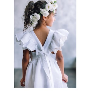 Toddler baptism dress, Linen flower girl dress with bow, Boho christening dress, Rustic flower girl dress with ruffles