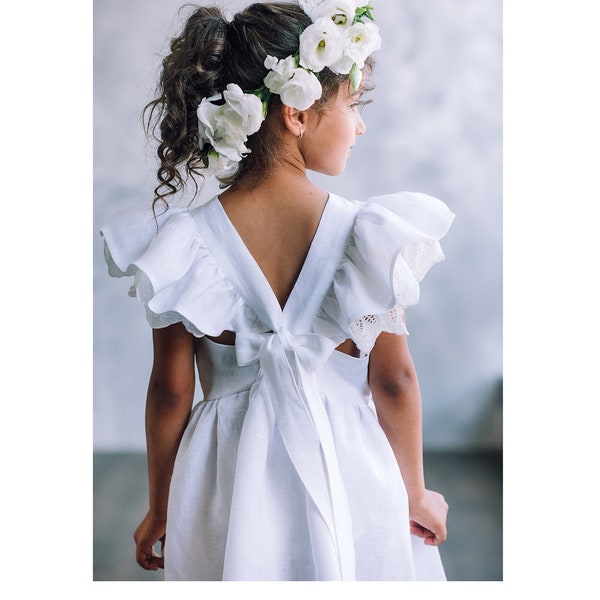 Vestido de bautismo niño, vestido de bautizo, vestido de niña de flores Boho, vestido de lino para niñas, vestido de niña de flores rústico blanco, vestido de pinafore para niñas