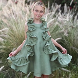 Sage green boho flower girl dress, Linen flower girl dress with ruffle, 1st birthday dress, Bohemian flower girl dress
