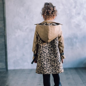 Girls Leopard Print Wool Coat: Hooded Winter Trench