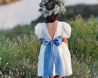 Boho toddler flower girl dress with bow, Dusty blue bohemian flower girl dress, Ivory girls dress